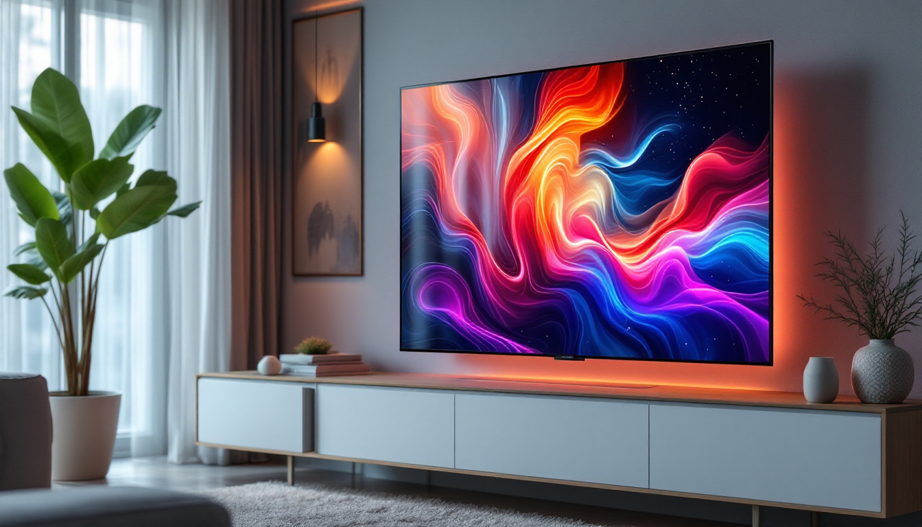 A photograph of a modern led television displaying vibrant colors and high-definition images in a stylish living room setting