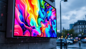 A photograph of capture a photograph of a vibrant 3' x 5' led display board mounted outdoors