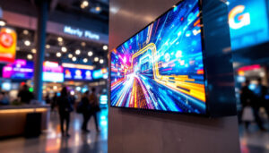 A photograph of a vibrant led display in a dynamic environment