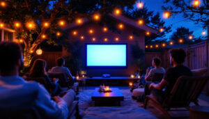 A photograph of a vibrant outdoor setting featuring a projector displaying a dynamic led screen