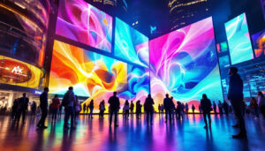 A photograph of a vibrant led display in a dynamic urban setting