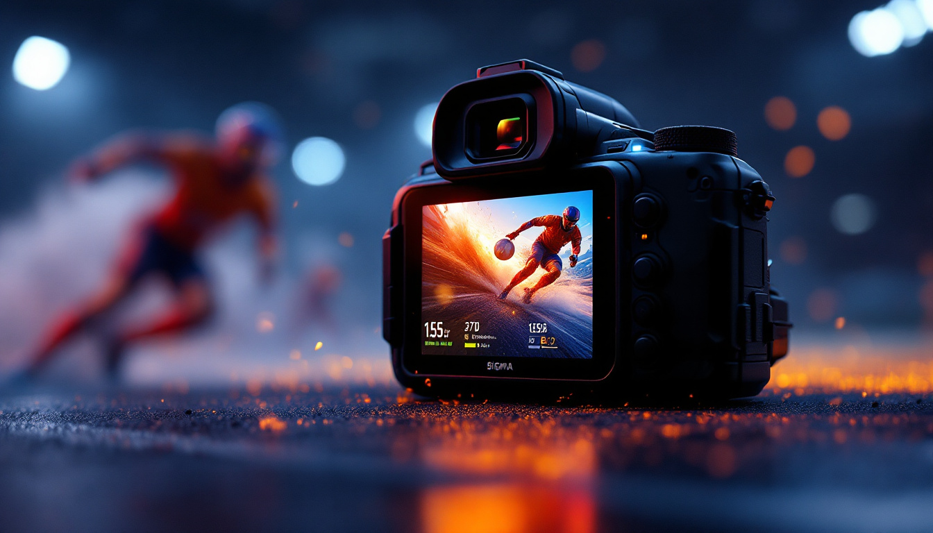 A photograph of a high-definition sports camera with its led display illuminated