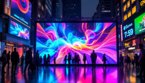 A photograph of a vibrant led display in a bustling urban setting