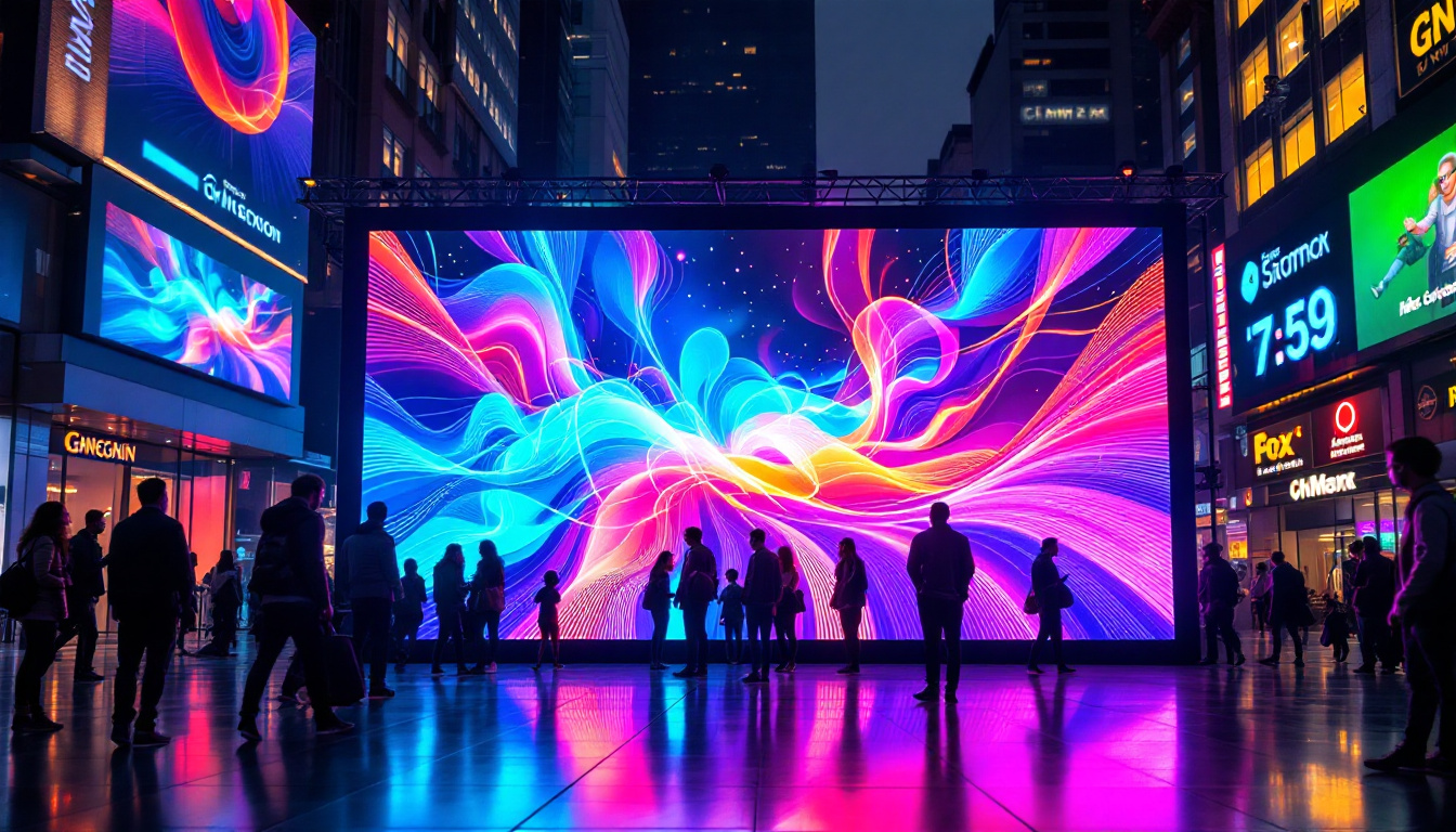 A photograph of a vibrant led display in a bustling urban setting