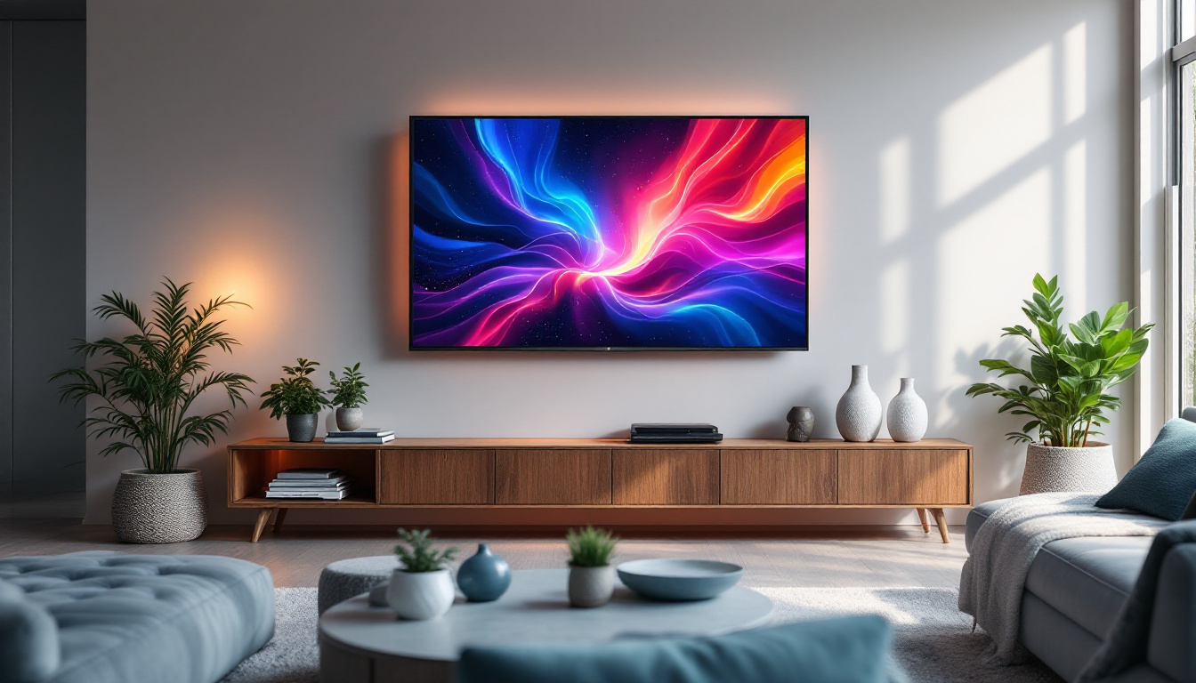 A photograph of a modern living room featuring a sleek led tv mounted on the wall