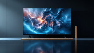 A photograph of a sleek led display screen showcasing an 85-inch measurement alongside a visual comparison of feet