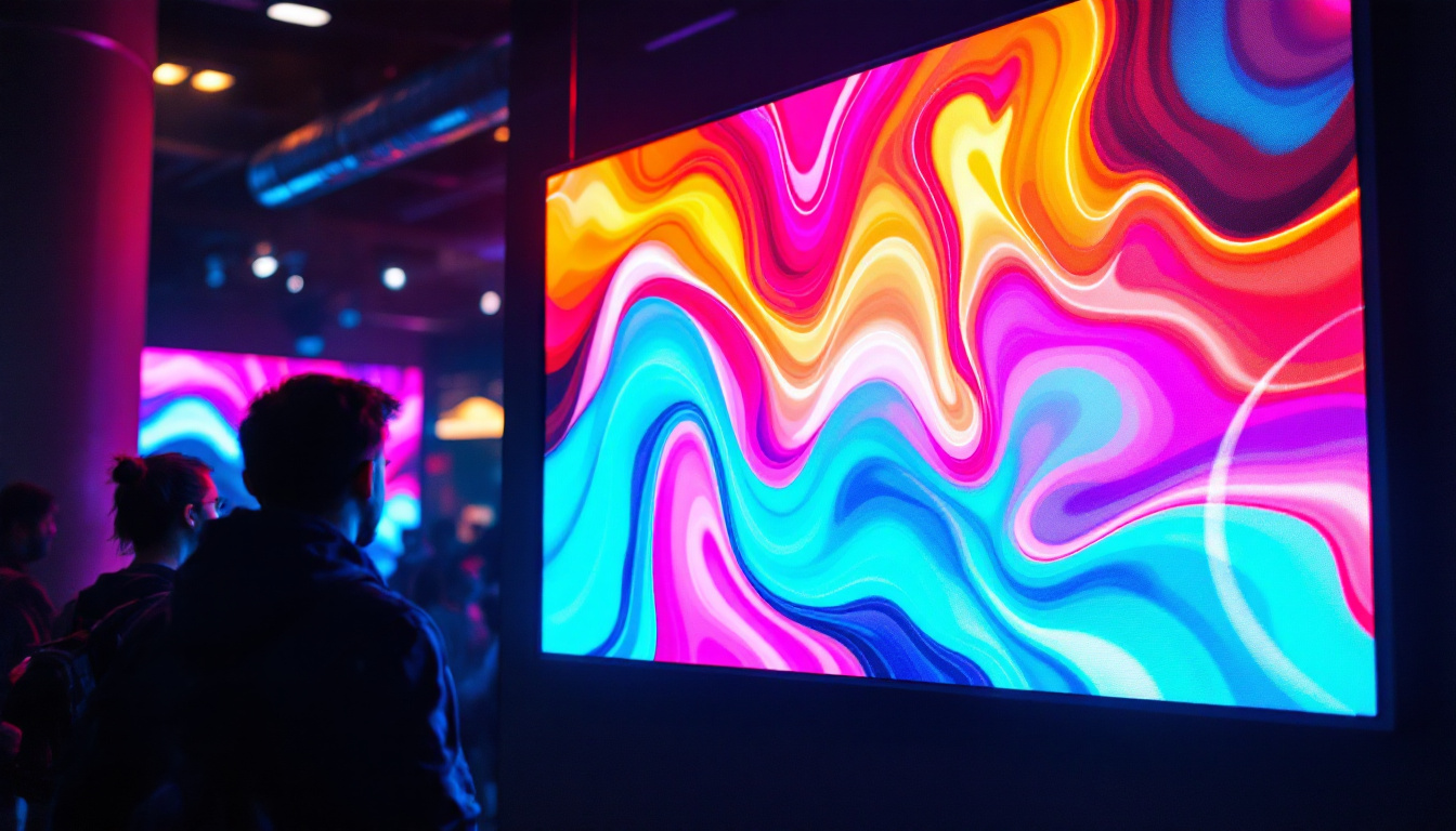 A photograph of a vibrant led display board in a dynamic setting
