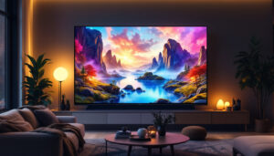 A photograph of a large 8-foot led tv displaying vibrant visuals in a modern living room setting