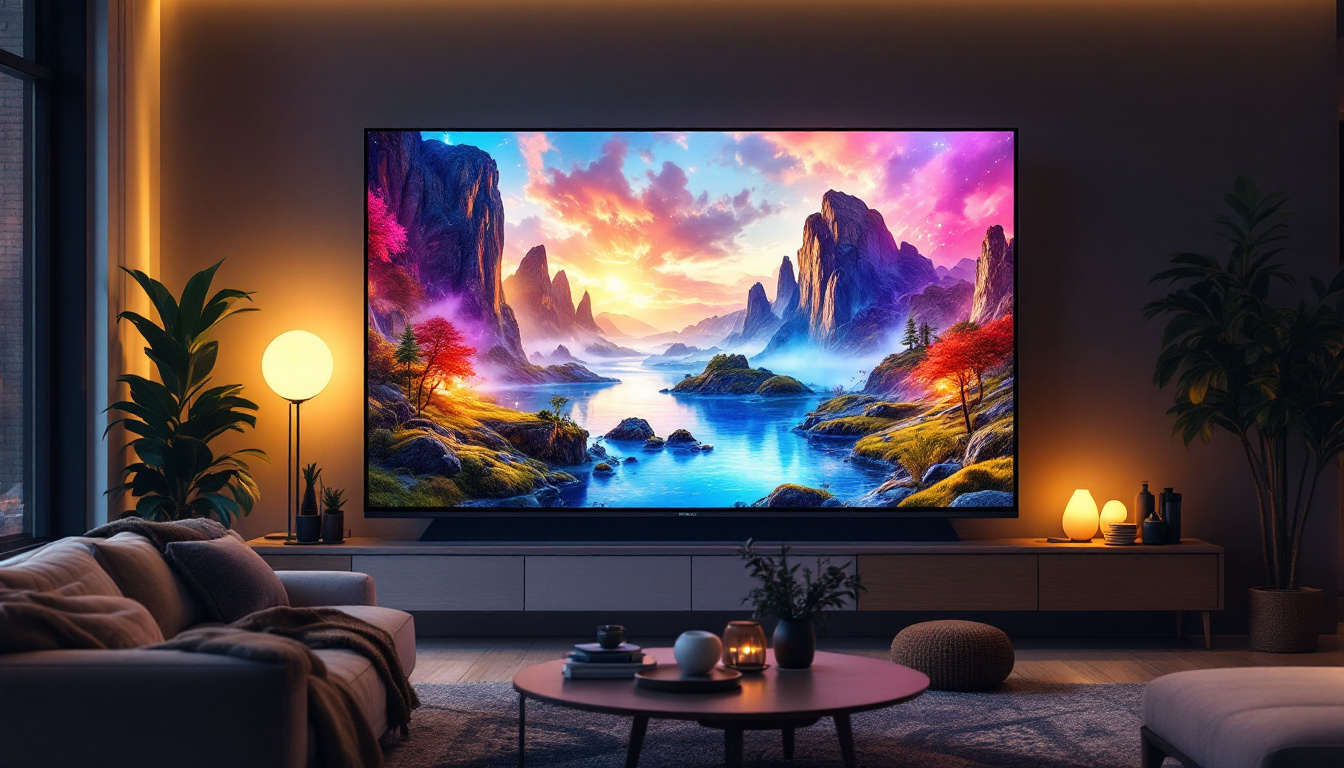 A photograph of a large 8-foot led tv displaying vibrant visuals in a modern living room setting
