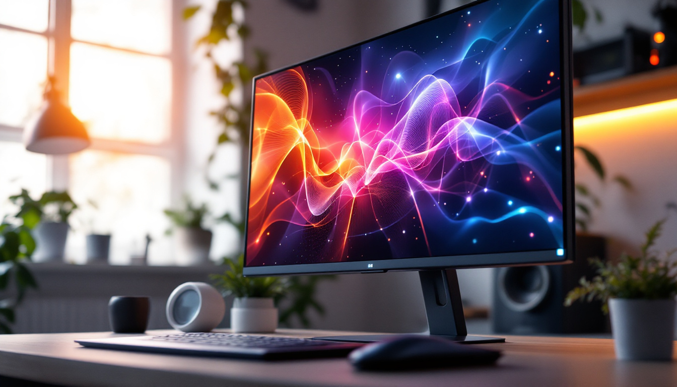 A photograph of a modern 3d computer monitor displaying vibrant led graphics