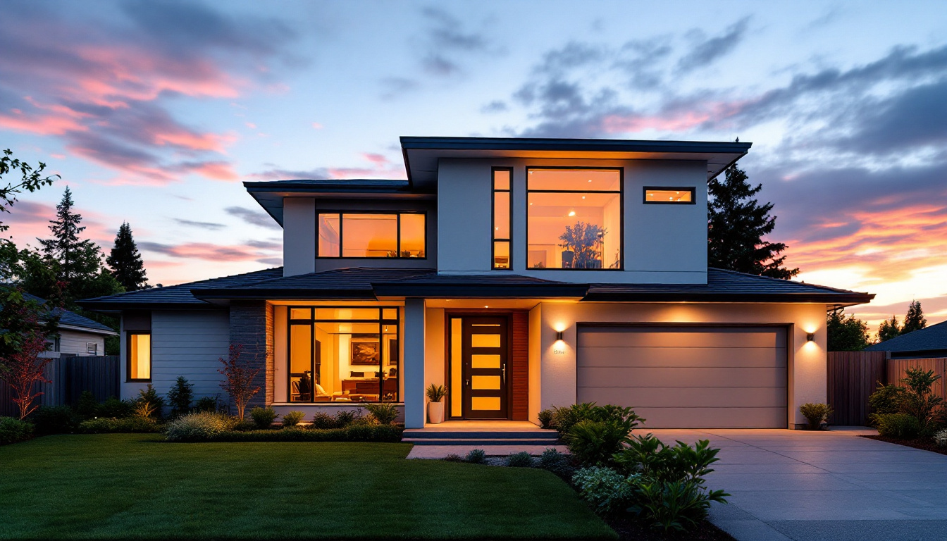 A photograph of a modern house in beaverton featuring an eye-catching led display prominently showcasing the property details