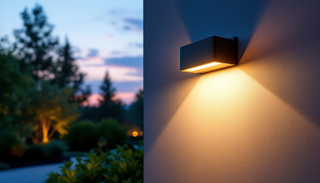 A photograph of a stylish 25-inch outdoor wall light in a beautifully landscaped setting during twilight
