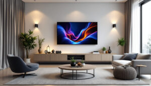 A photograph of a stylish 12x12 living room featuring a modern led display