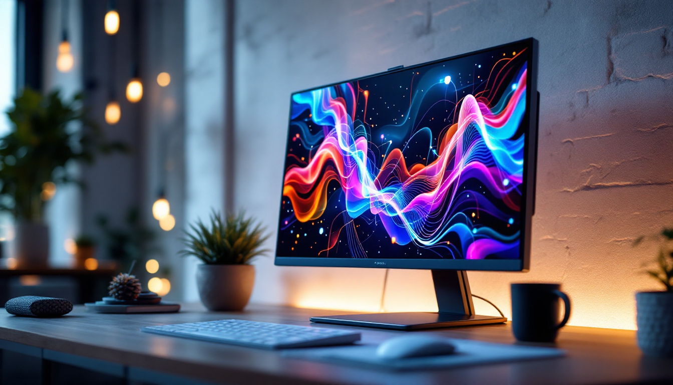 A photograph of a sleek led monitor displaying vibrant graphics
