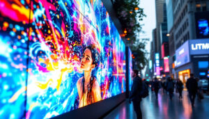 A photograph of a vibrant led display in a bustling urban environment
