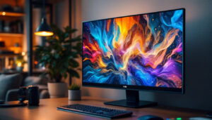 A photograph of capture a photograph of a sleek 50-inch touch screen monitor displaying vibrant visuals in a modern workspace