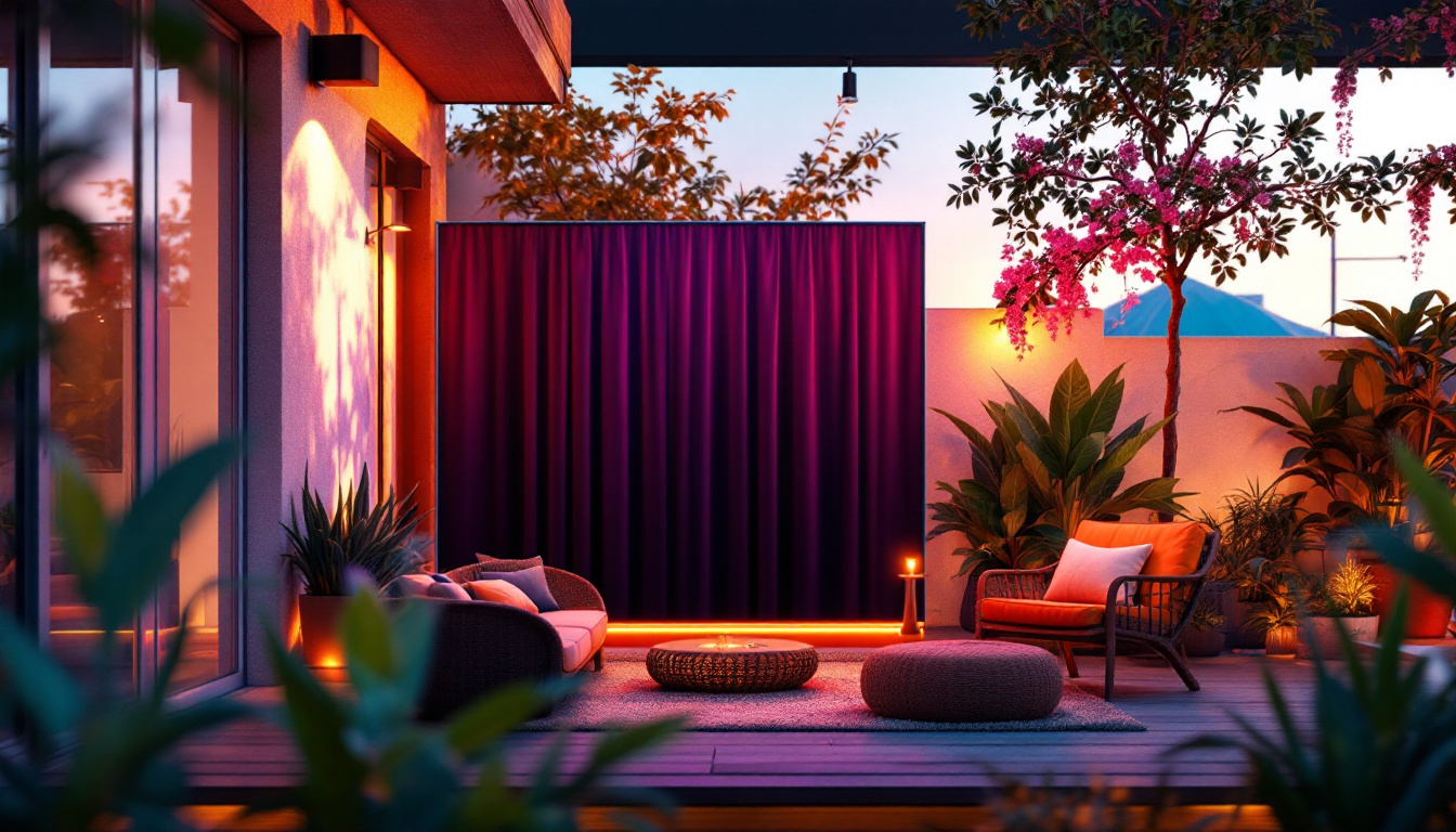 A photograph of a vibrant outdoor setting featuring a privacy screen with an led display