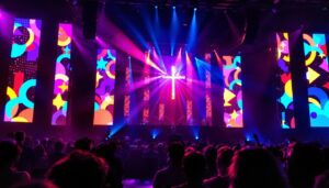 A photograph of a vibrant led display in a worship setting