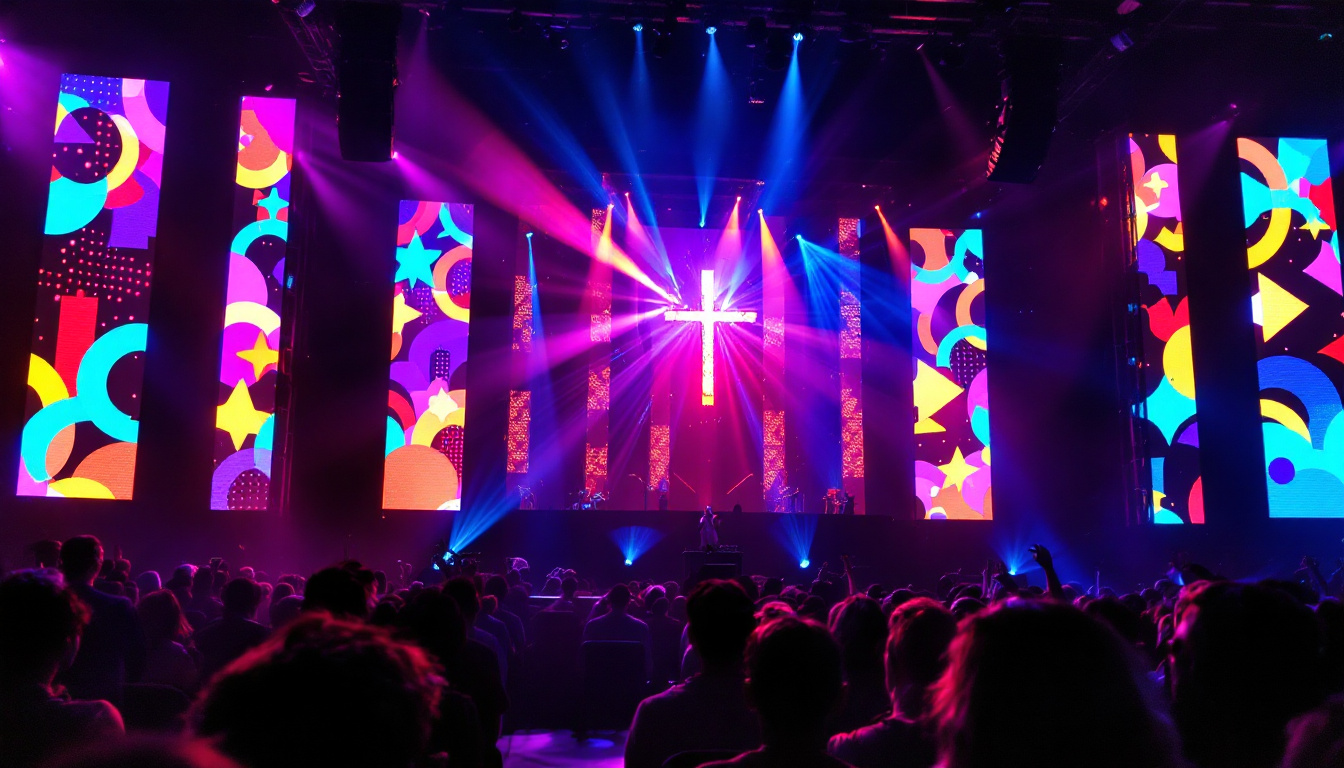 A photograph of a vibrant led display in a worship setting