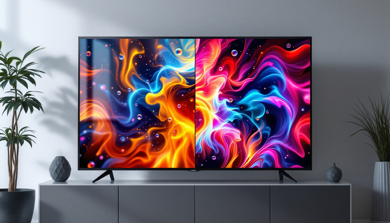 A photograph of a side-by-side comparison of a plasma and an lcd television displaying vibrant visuals