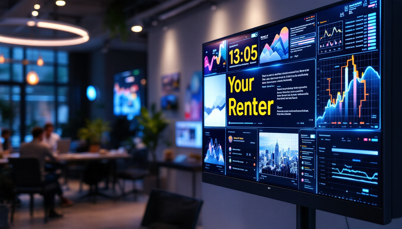 A photograph of a sleek led display showcasing vibrant graphics and text