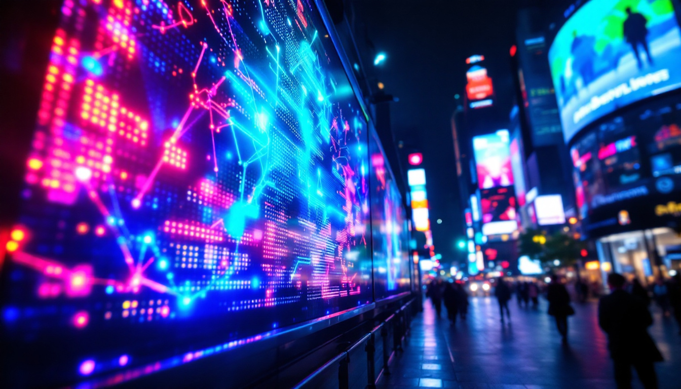 A photograph of a vibrant led display in a dynamic urban setting