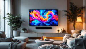 A photograph of a beautifully arranged living room showcasing a large led tv displaying vibrant digital artwork