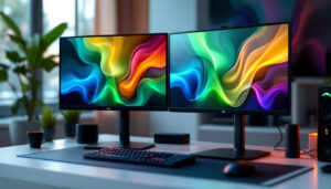 A photograph of a sleek dual monitor setup on a stylish desk