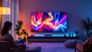 A photograph of capture a photograph of a large led tv displayed prominently in a modern living room setting