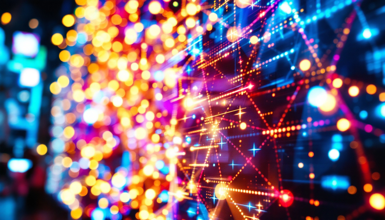 A photograph of a vibrant led display showcasing dynamic visuals and colors