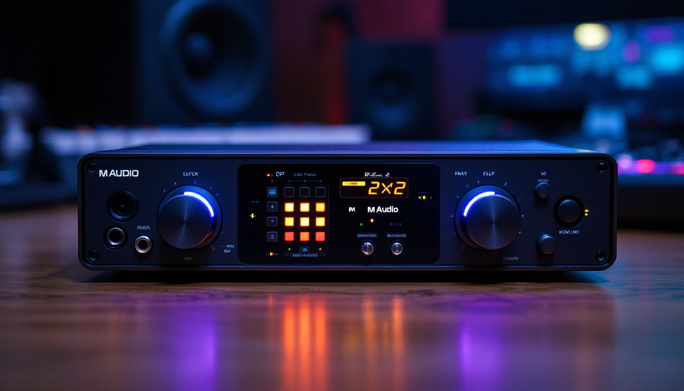 A photograph of capture a photograph of the m audio 2x2 audio interface prominently displayed on a desk