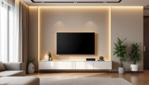 A photograph of a stylishly designed tv wall mount cabinet showcasing a sleek led display