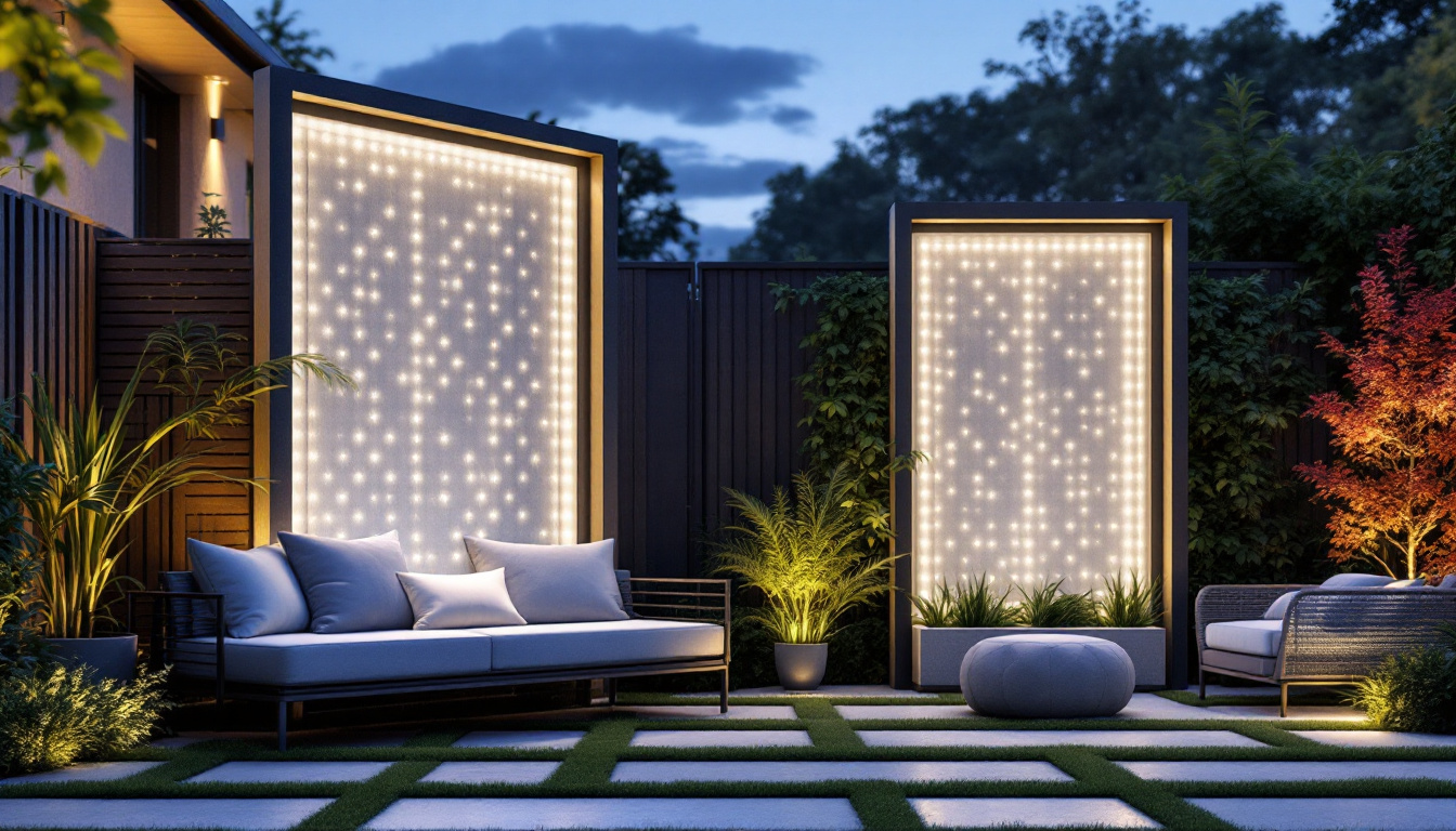 A photograph of a beautifully designed outdoor privacy screen lattice adorned with integrated led displays