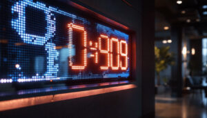 A photograph of a large led digital clock displaying the time prominently in a well-lit environment