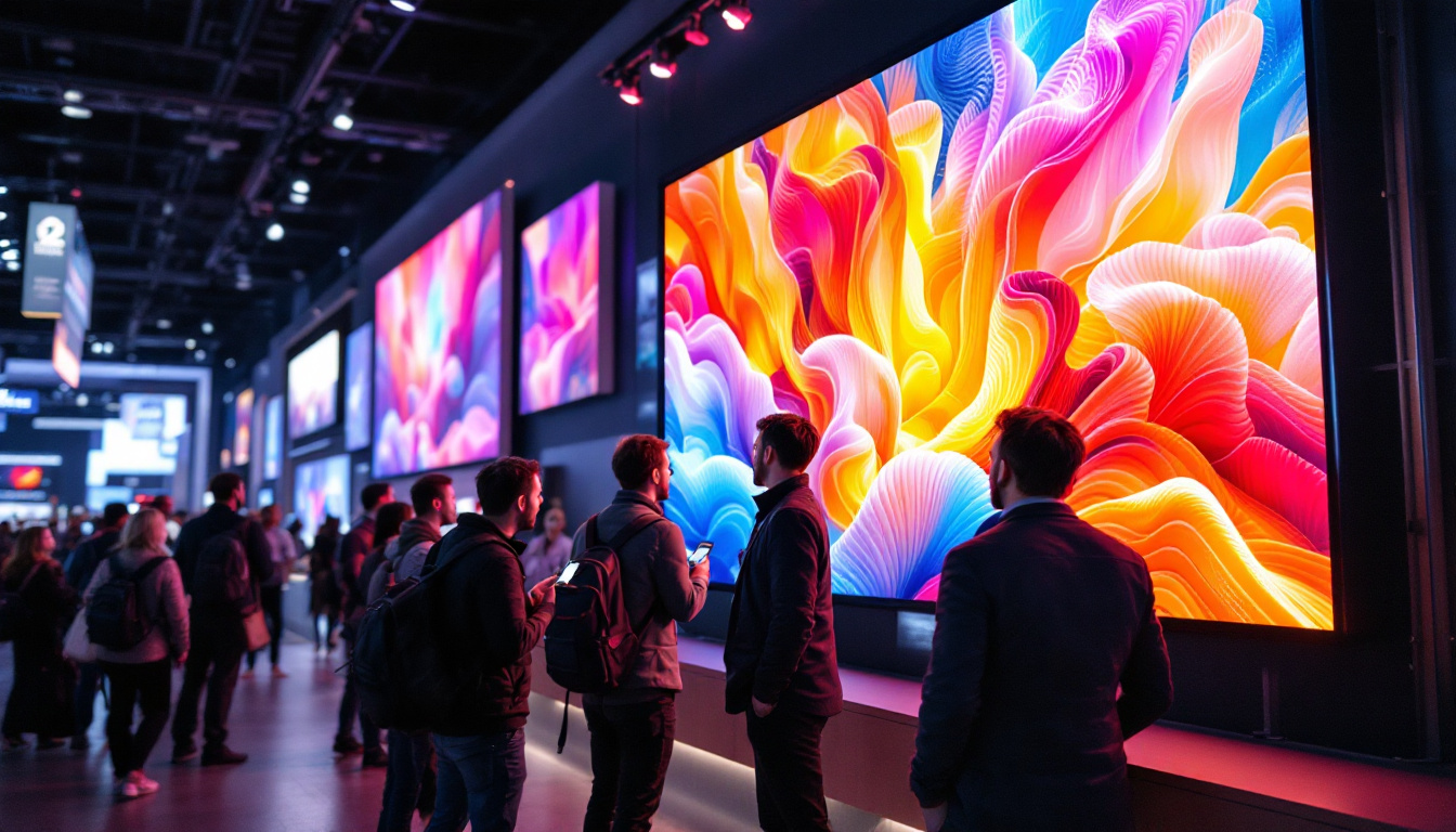 A photograph of a vibrant tradeshow scene featuring a dynamic led display in action