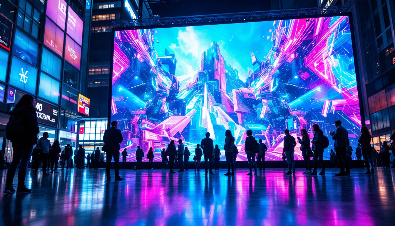 A photograph of capture a photograph of a vibrant led display in a dynamic urban setting