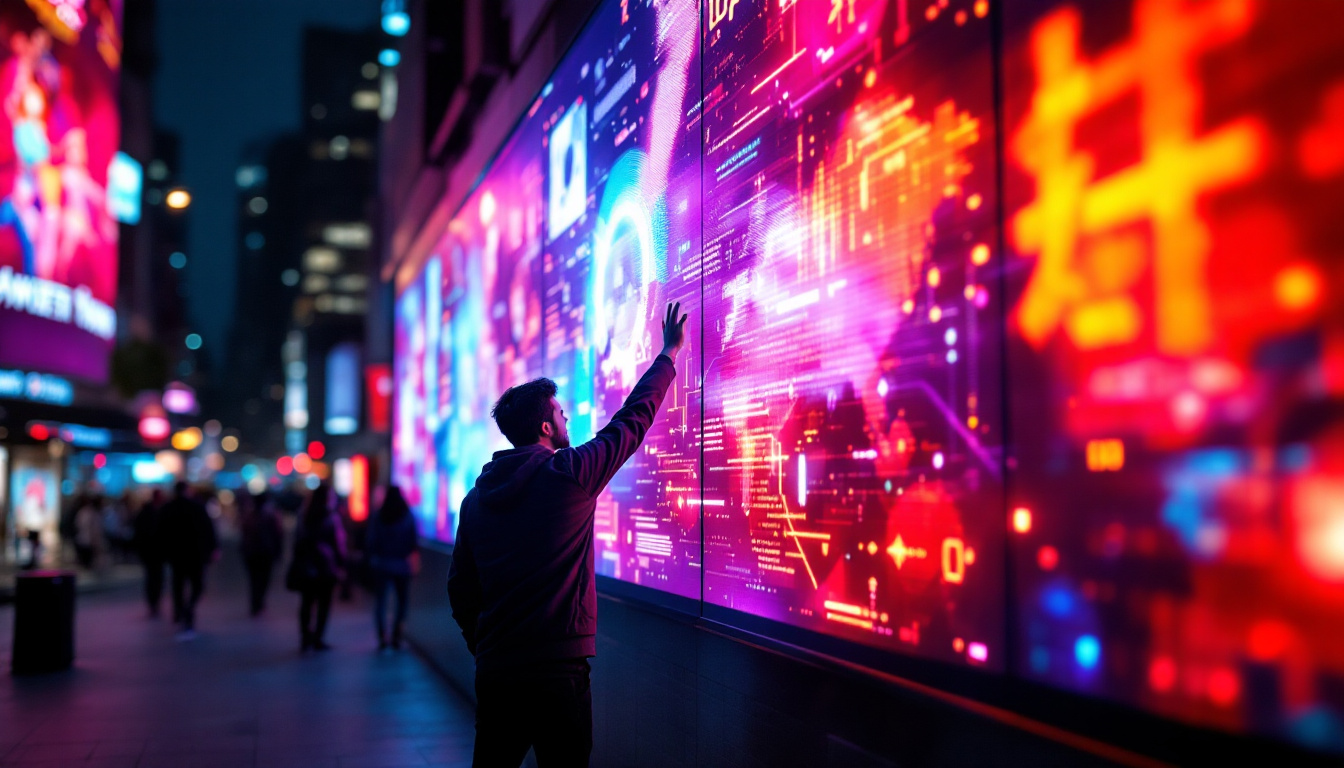 A photograph of a vibrant led display in an urban setting at night