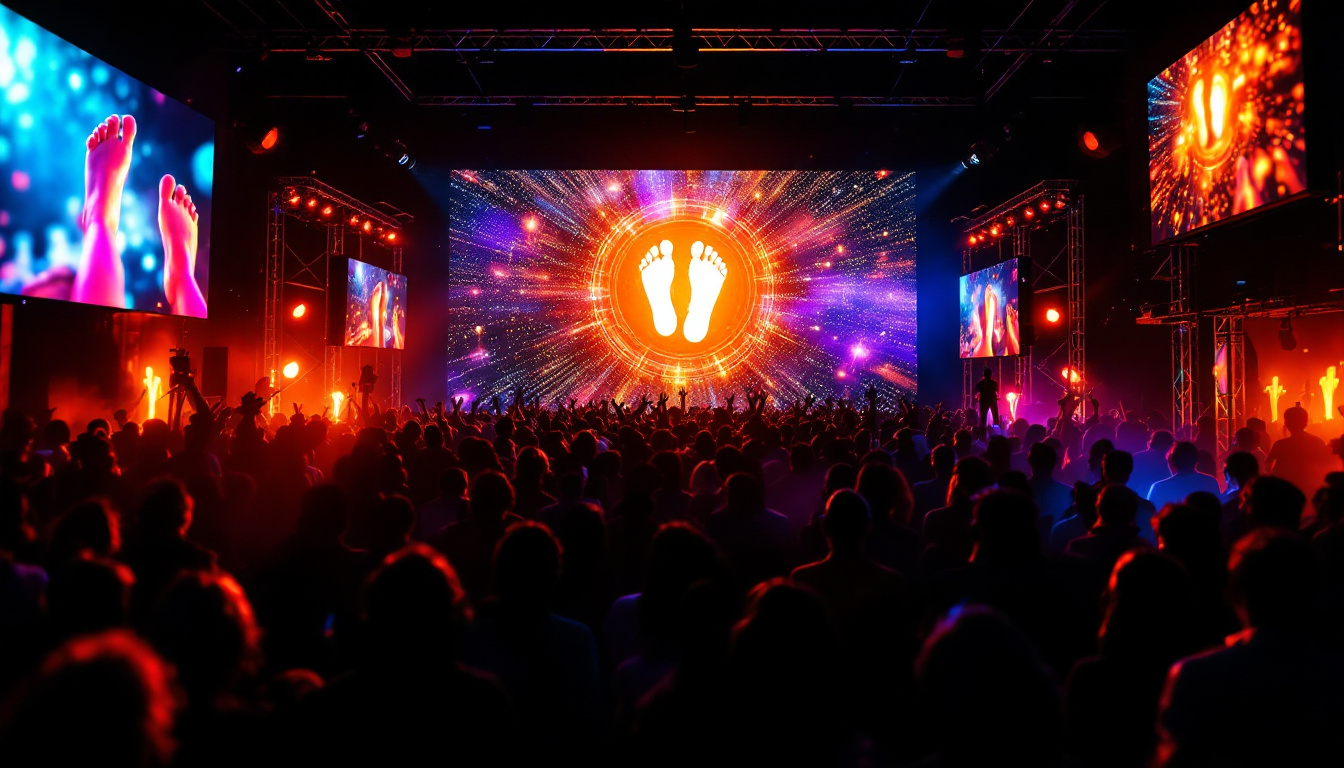 A photograph of a visually striking led display showcasing foot worship videos