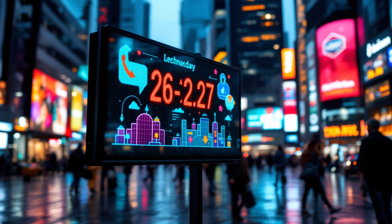 A photograph of a vibrant led display board in a bustling urban setting