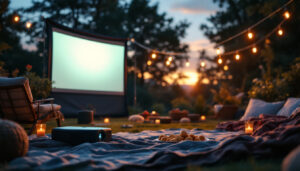 A photograph of a cozy outdoor movie setup at dusk