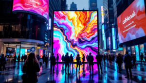 A photograph of a vibrant led display in a bustling urban environment