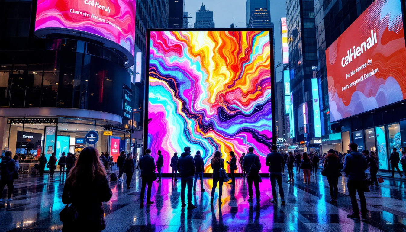 A photograph of a vibrant led display in a bustling urban environment
