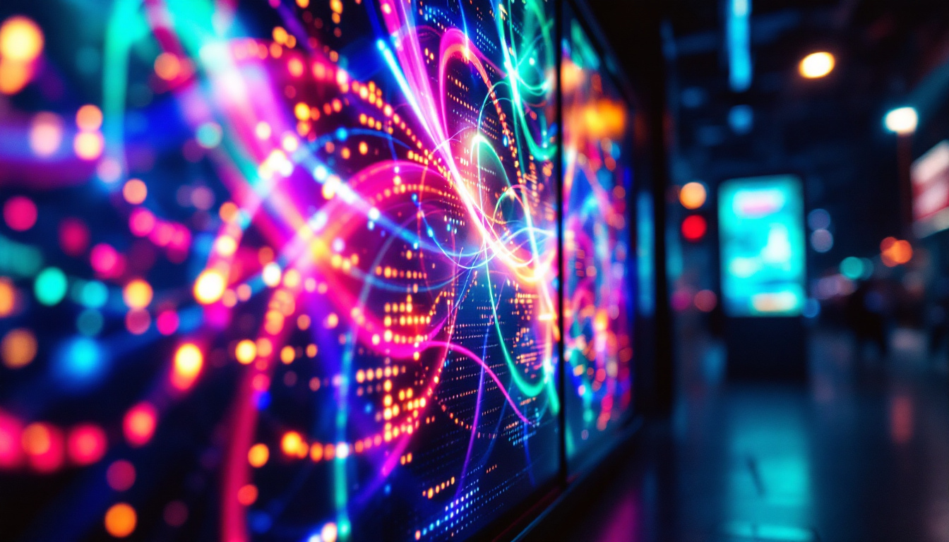 A photograph of a vibrant led display showcasing a dynamic visual pattern or colorful graphics in an urban setting