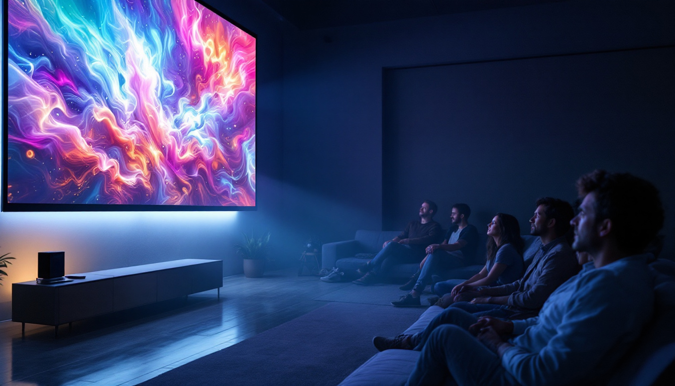 A photograph of a well-lit indoor setting featuring a projector displaying vibrant images on a large screen