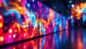 A photograph of a vibrant led display showcasing dynamic visuals