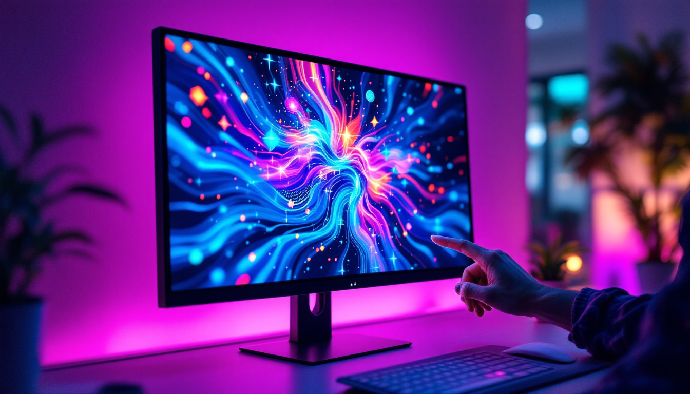 A photograph of a sleek 27-inch touch monitor displaying vibrant led visuals