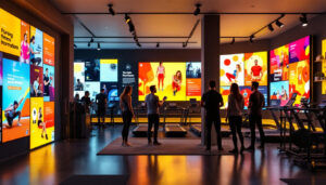 A photograph of a modern fitness showroom featuring vibrant led displays showcasing various workout equipment and digital fitness programs