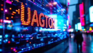 A photograph of a vibrant led display showcasing a pixelated logo in an urban setting
