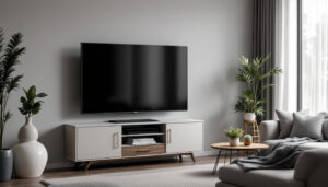 A photograph of capture a photograph of a stylish tall corner tv stand designed for a 55-inch tv