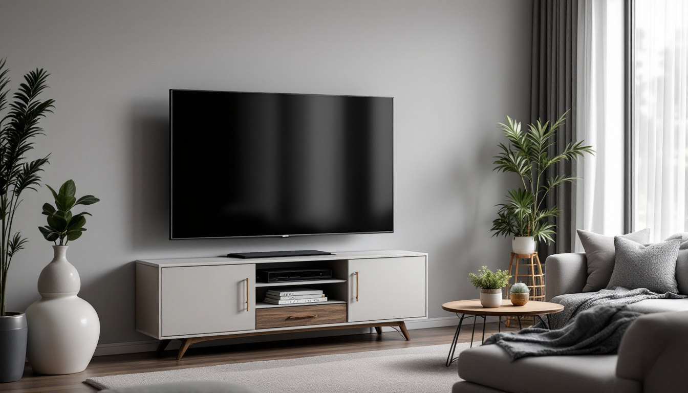 A photograph of capture a photograph of a stylish tall corner tv stand designed for a 55-inch tv